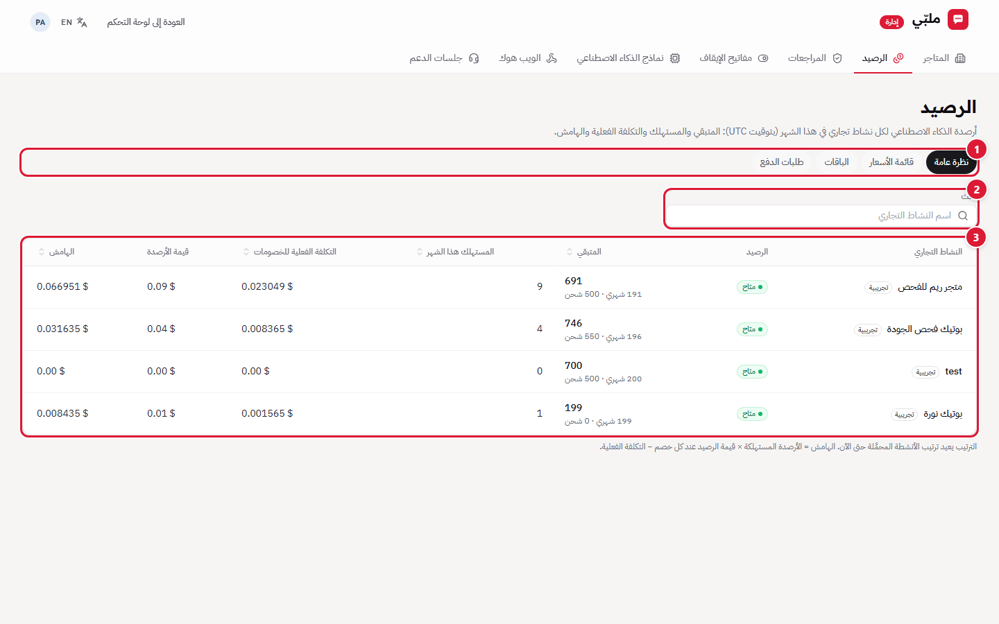 نظرة عامة على الرصيد